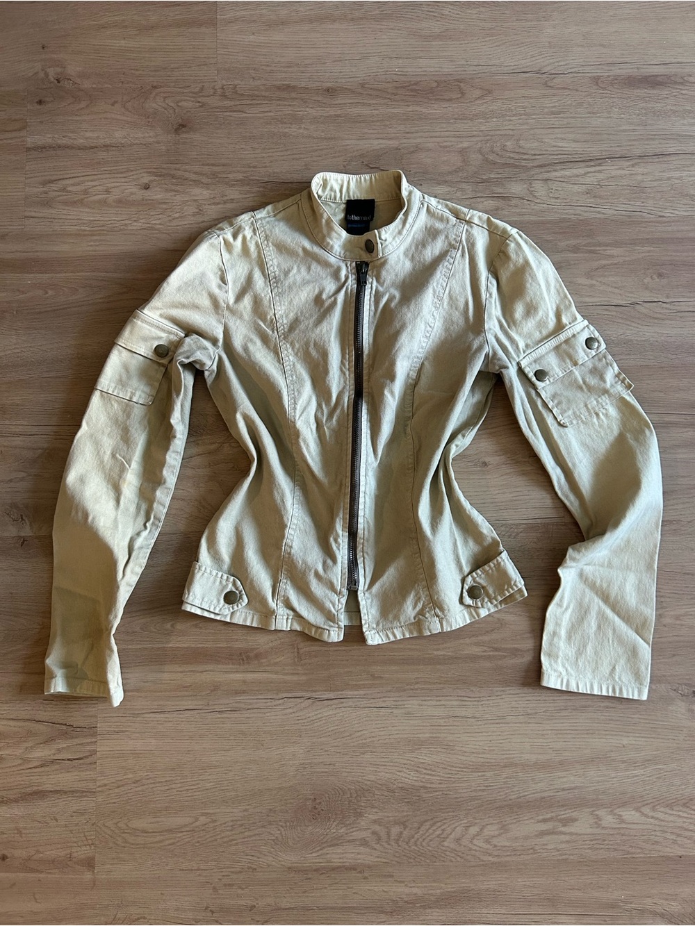 Y2k 2000s beige form fitting vintage collared utility moto jacket